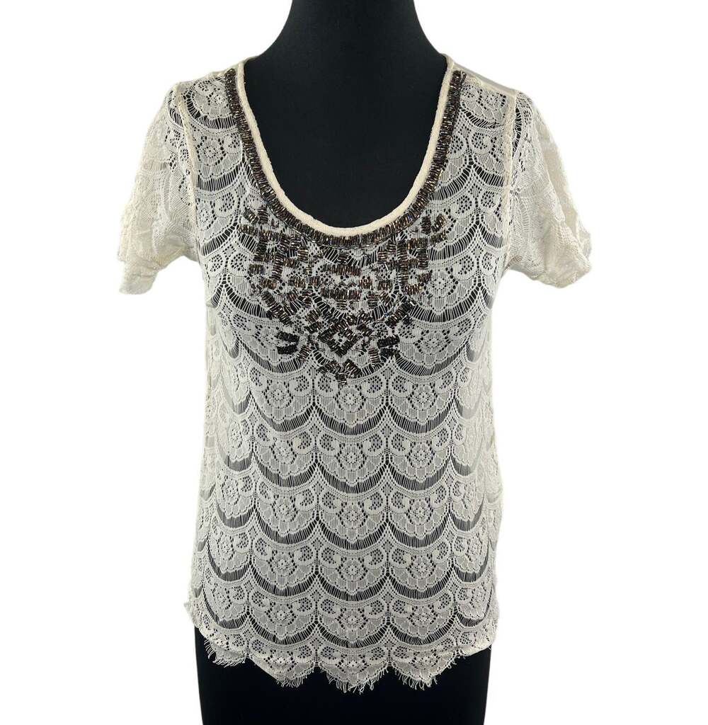 LUCKY BRAND Bronze Beaded Lace Sheer Cream Beige White Tank Top Size XS